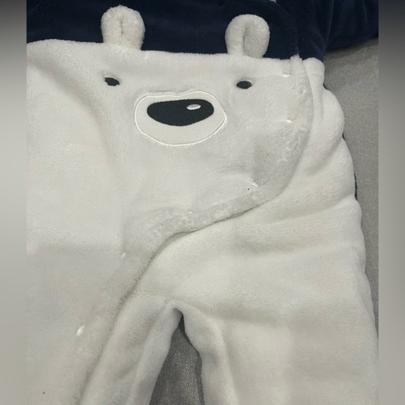[3-6m]First Wish Polar Bear Navy White Snowsuit Snap Hooded Footed Mittens EUC - Picture 2 of 8